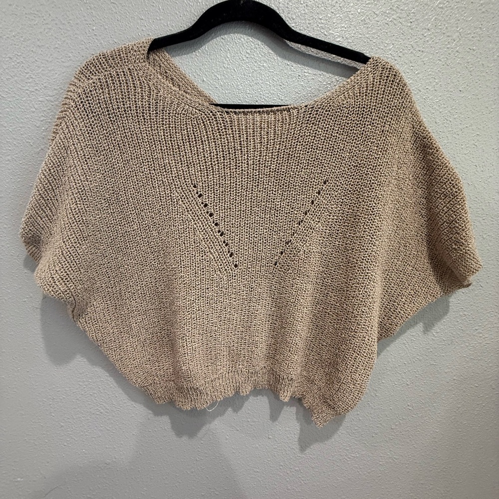 Sweet Rain Tan Shrug with Open Knit Pattern